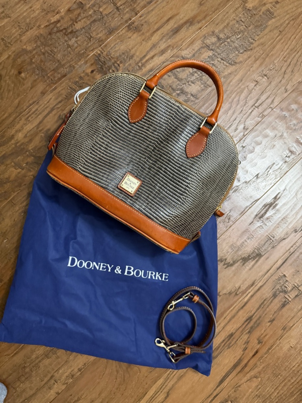 Dooney & Bourke Gray Textured Dome Satchel with Tan Leather Trim